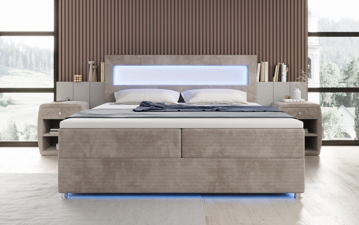 Luxuriöses Boxspringbett Relax: Komfort, LED-Beleuchtung, Stauraum & USB-Anschluss im Cord-Design