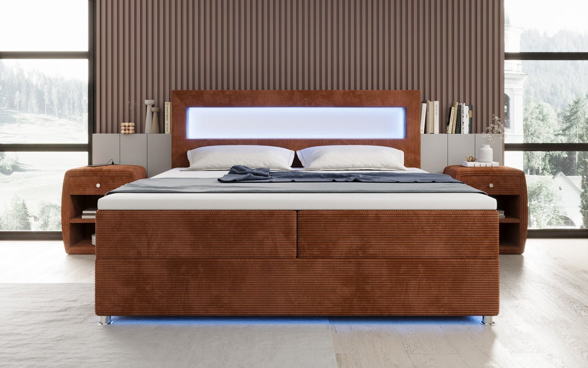 Boxspringbett Relax: Modernes Cord-Bett mit LED, Stauraum & USB-C