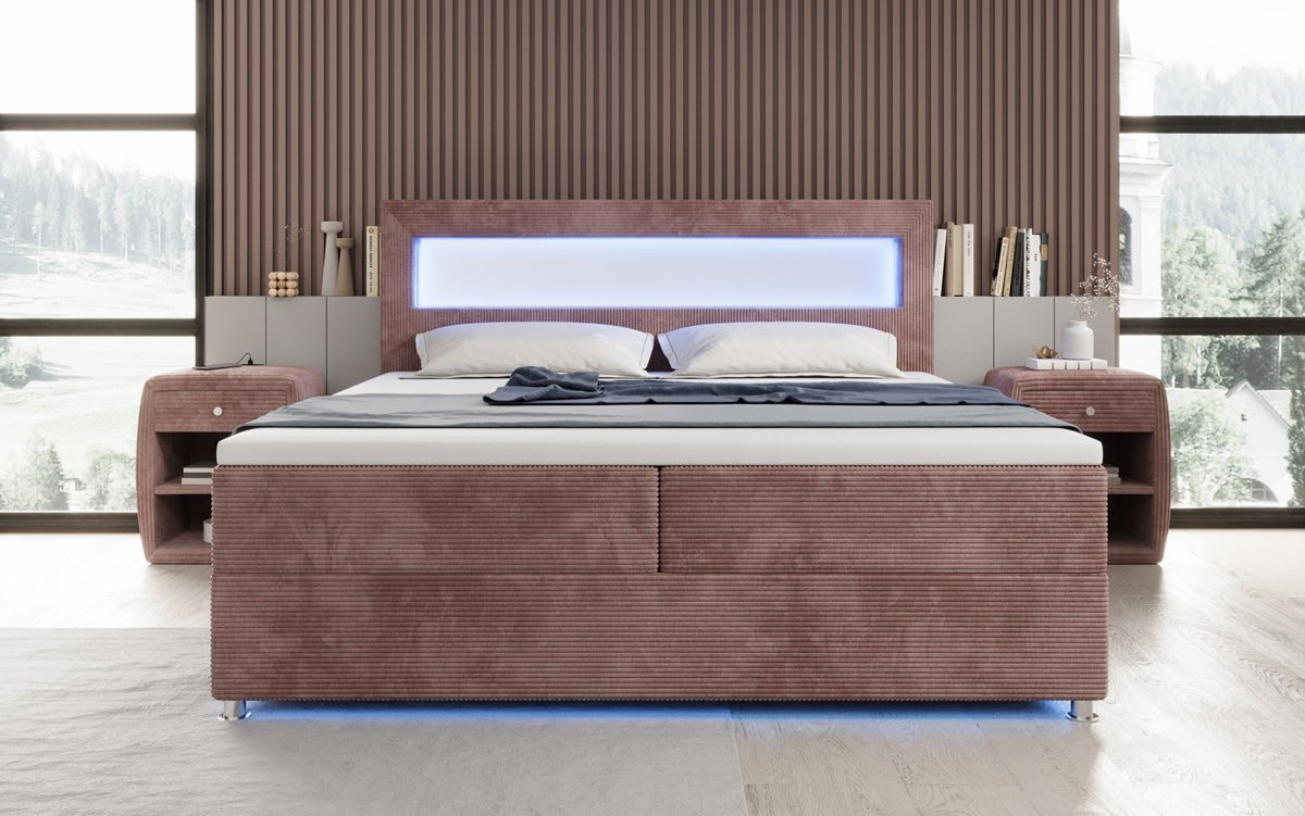 Luxuriöses Boxspringbett Relax: Komfort, LED-Beleuchtung, Stauraum & USB-Anschluss im Cord-Design