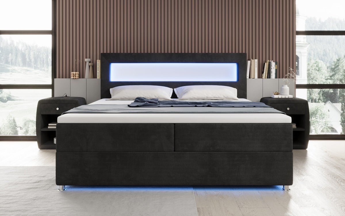 Luxuriöses Boxspringbett Relax: Komfort, LED-Beleuchtung, Stauraum & USB-Anschluss im Cord-Design