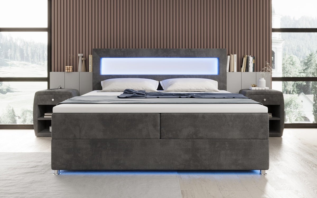 Luxuriöses Boxspringbett Relax: Komfort, LED-Beleuchtung, Stauraum & USB-Anschluss im Cord-Design