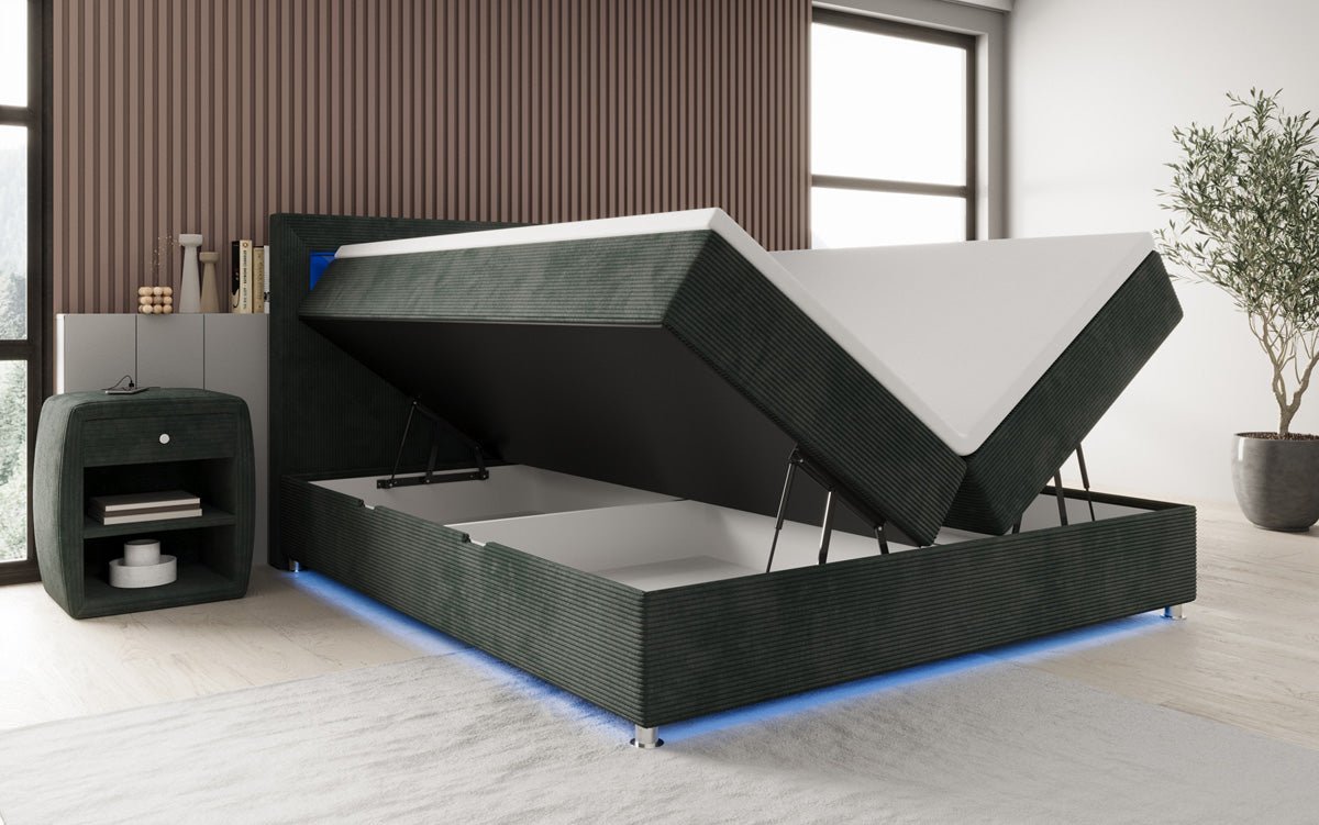 Luxuriöses Boxspringbett Relax: Komfort, LED-Beleuchtung, Stauraum & USB-Anschluss im Cord-Design