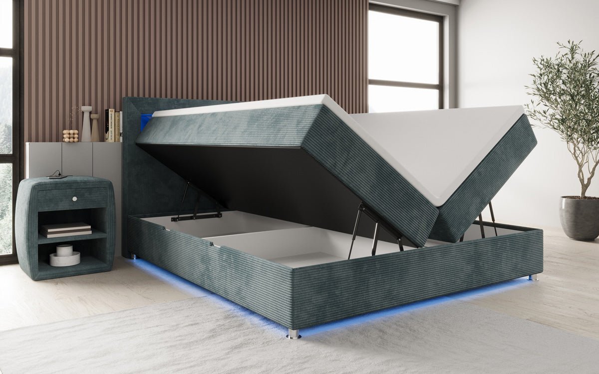 Luxuriöses Boxspringbett Relax: Komfort, LED-Beleuchtung, Stauraum & USB-Anschluss im Cord-Design
