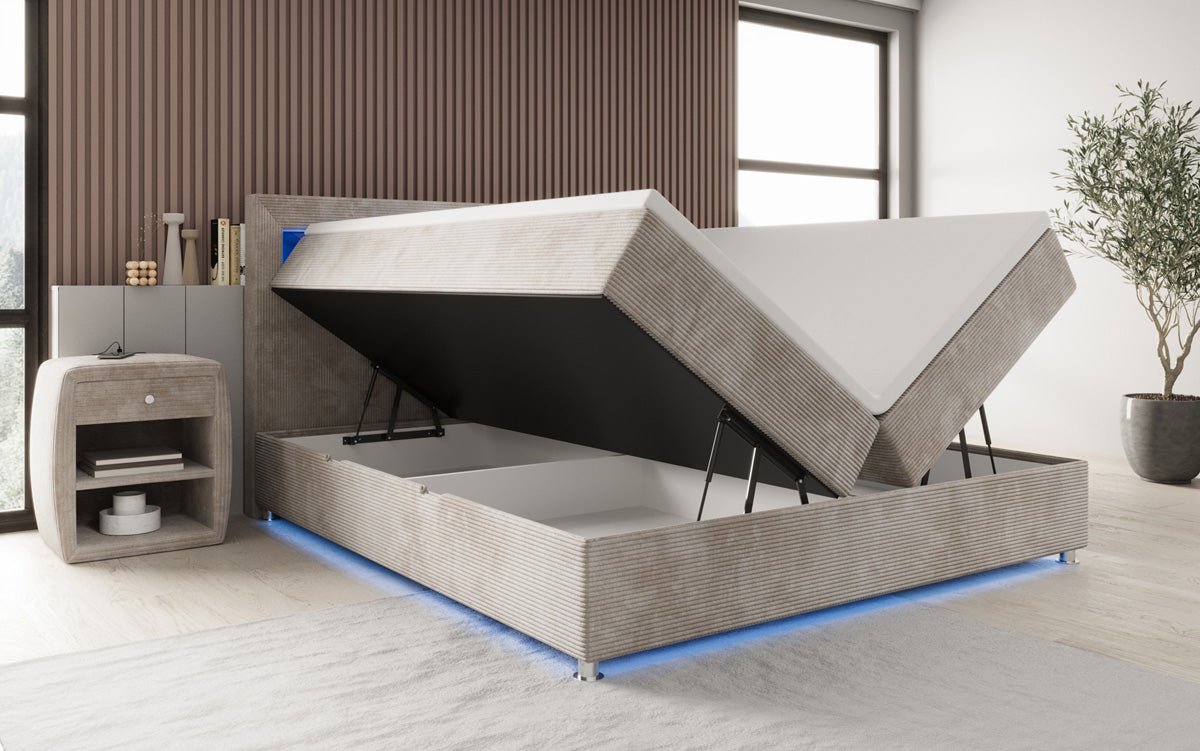 Luxuriöses Boxspringbett Relax: Komfort, LED-Beleuchtung, Stauraum & USB-Anschluss im Cord-Design