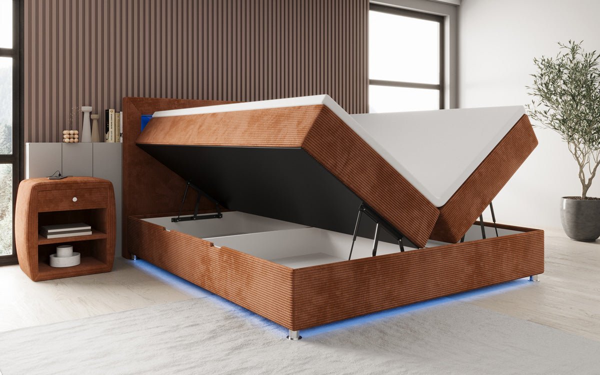 Luxuriöses Boxspringbett Relax: Komfort, LED-Beleuchtung, Stauraum & USB-Anschluss im Cord-Design