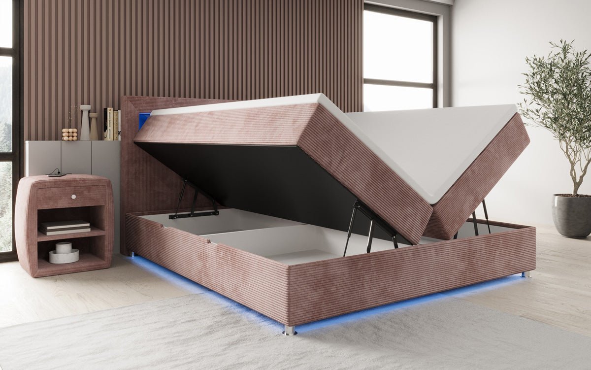 Luxuriöses Boxspringbett Relax: Komfort, LED-Beleuchtung, Stauraum & USB-Anschluss im Cord-Design