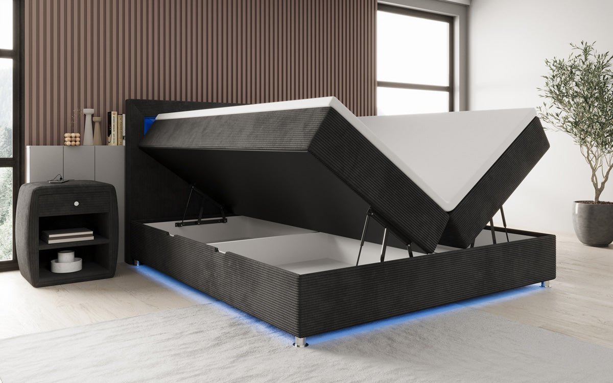 Luxuriöses Boxspringbett Relax: Komfort, LED-Beleuchtung, Stauraum & USB-Anschluss im Cord-Design