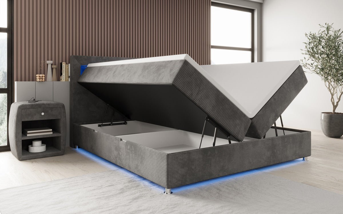 Luxuriöses Boxspringbett Relax: Komfort, LED-Beleuchtung, Stauraum & USB-Anschluss im Cord-Design