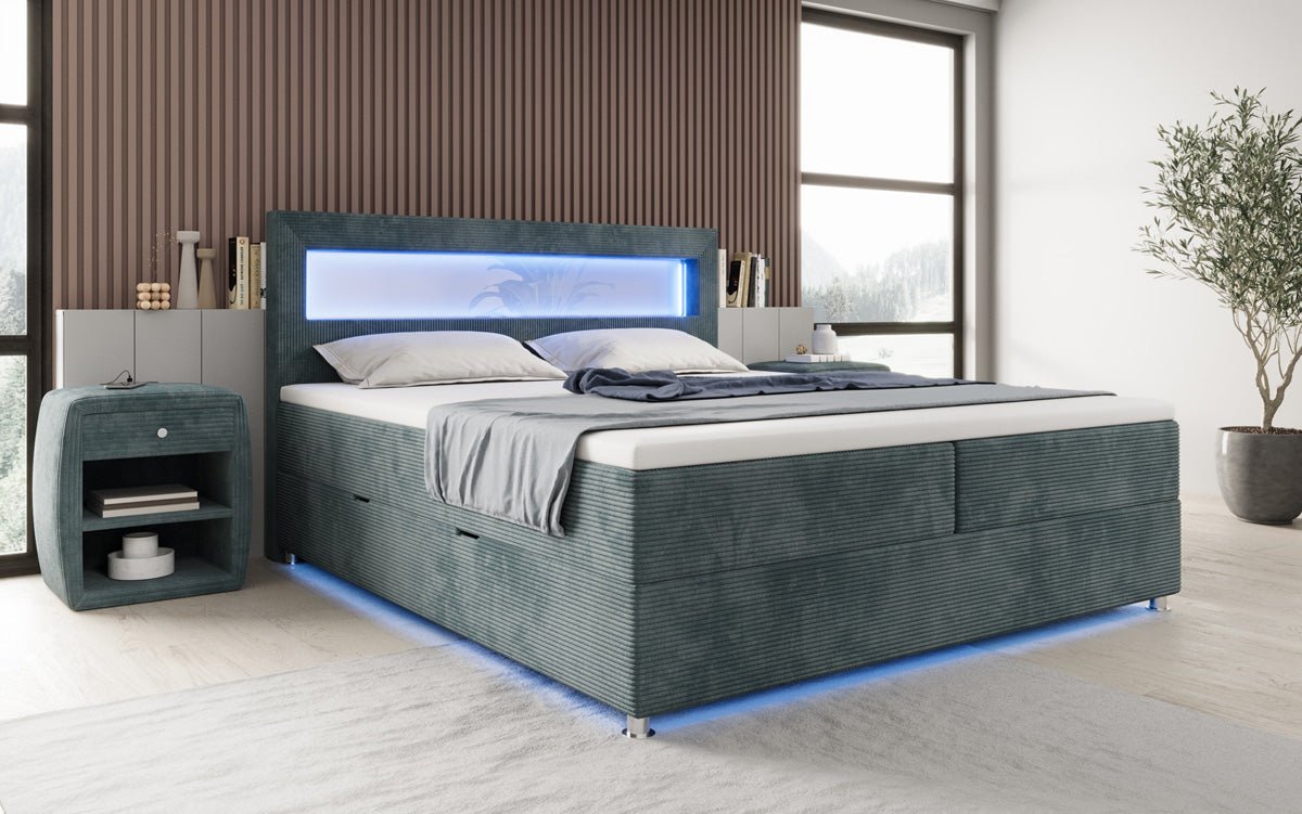 Luxuriöses Boxspringbett Relax: Komfort, LED-Beleuchtung, Stauraum & USB-Anschluss im Cord-Design