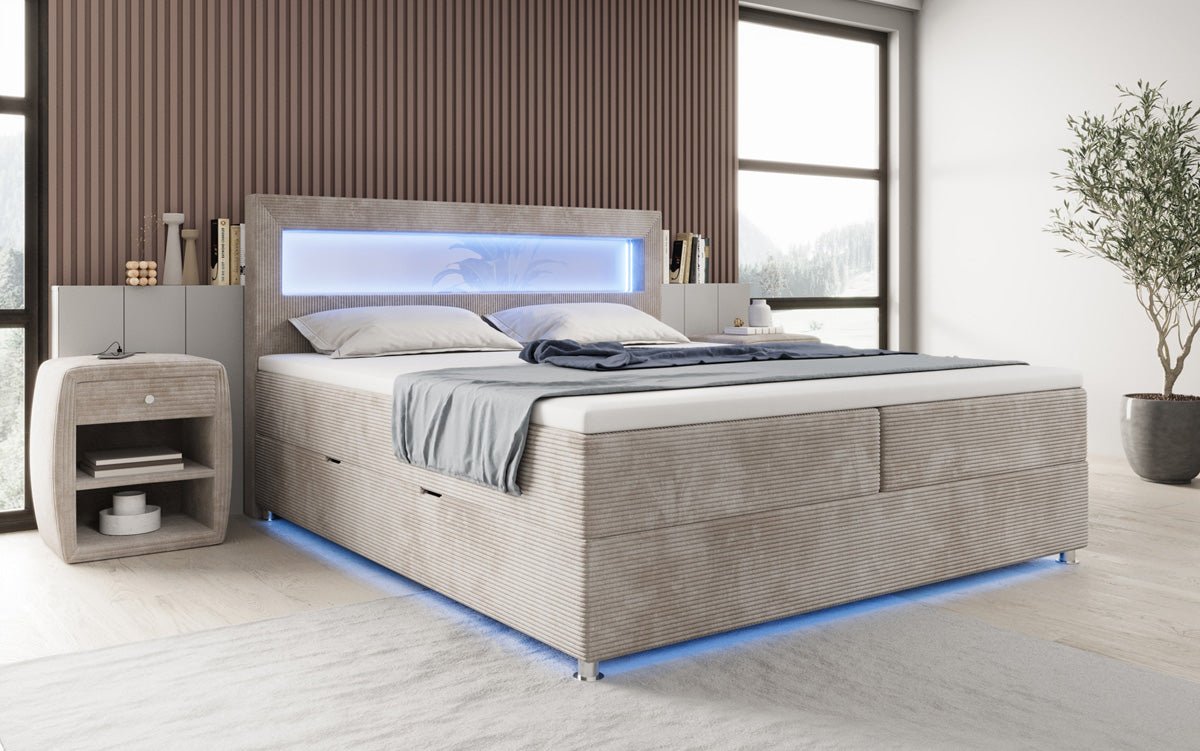 Luxuriöses Boxspringbett Relax: Komfort, LED-Beleuchtung, Stauraum & USB-Anschluss im Cord-Design