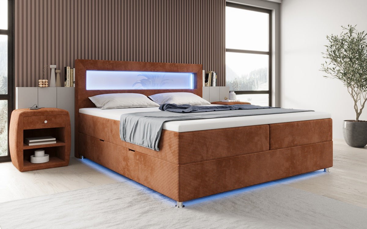 Luxuriöses Boxspringbett Relax: Komfort, LED-Beleuchtung, Stauraum & USB-Anschluss im Cord-Design