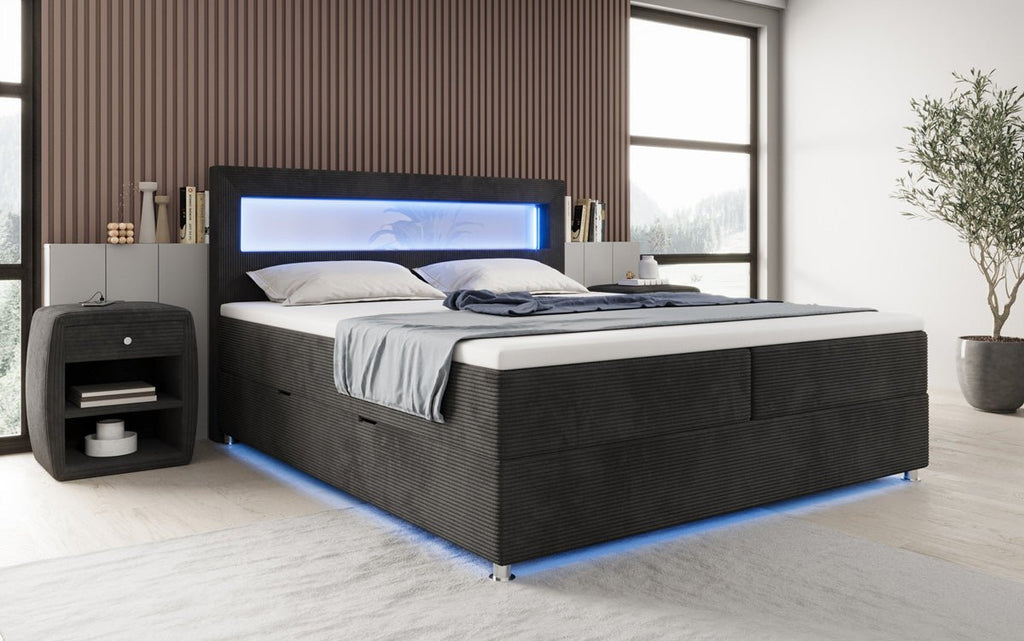 Luxuriöses Boxspringbett Relax: Komfort, LED-Beleuchtung, Stauraum & USB-Anschluss im Cord-Design