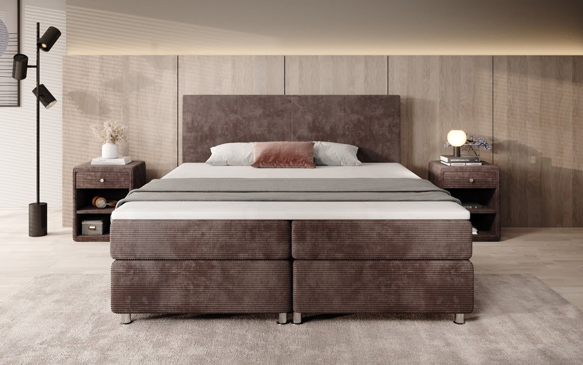 Boxspringbett Athene: Komfortabler Cordstoff, verschiedene Größen & Härtegrade für erholsamen Schlaf.
