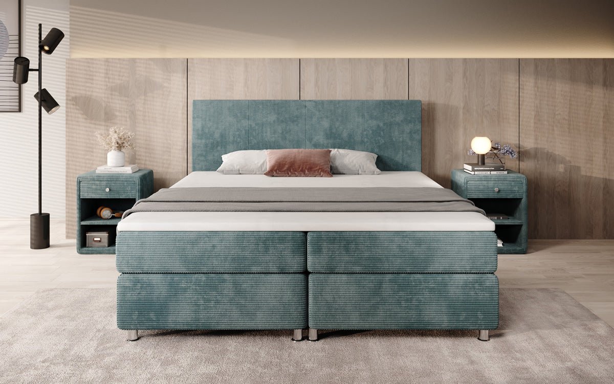 Boxspringbett Athene: Komfortabler Cordstoff, verschiedene Größen & Härtegrade für erholsamen Schlaf.