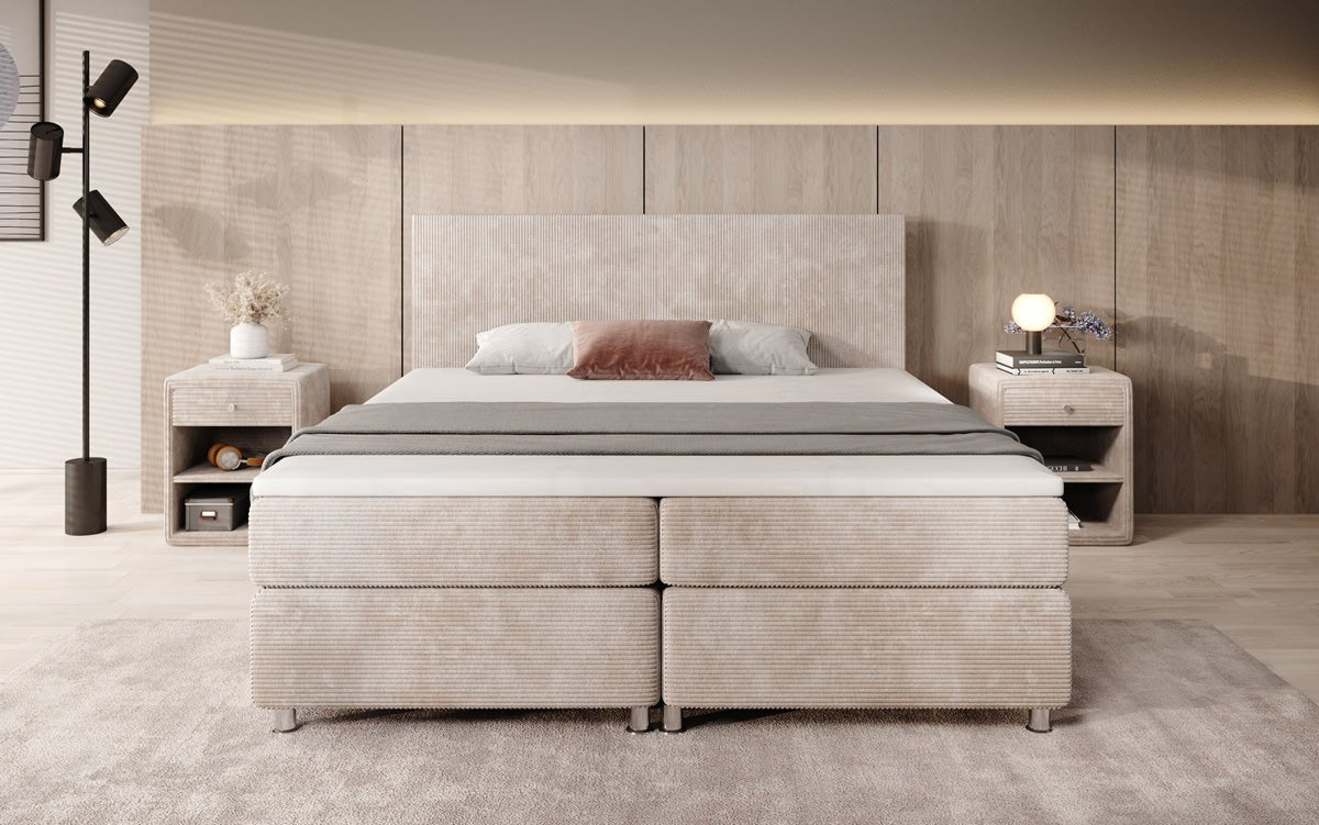 Boxspringbett Athene: Komfortabler Cordstoff, verschiedene Größen & Härtegrade für erholsamen Schlaf.