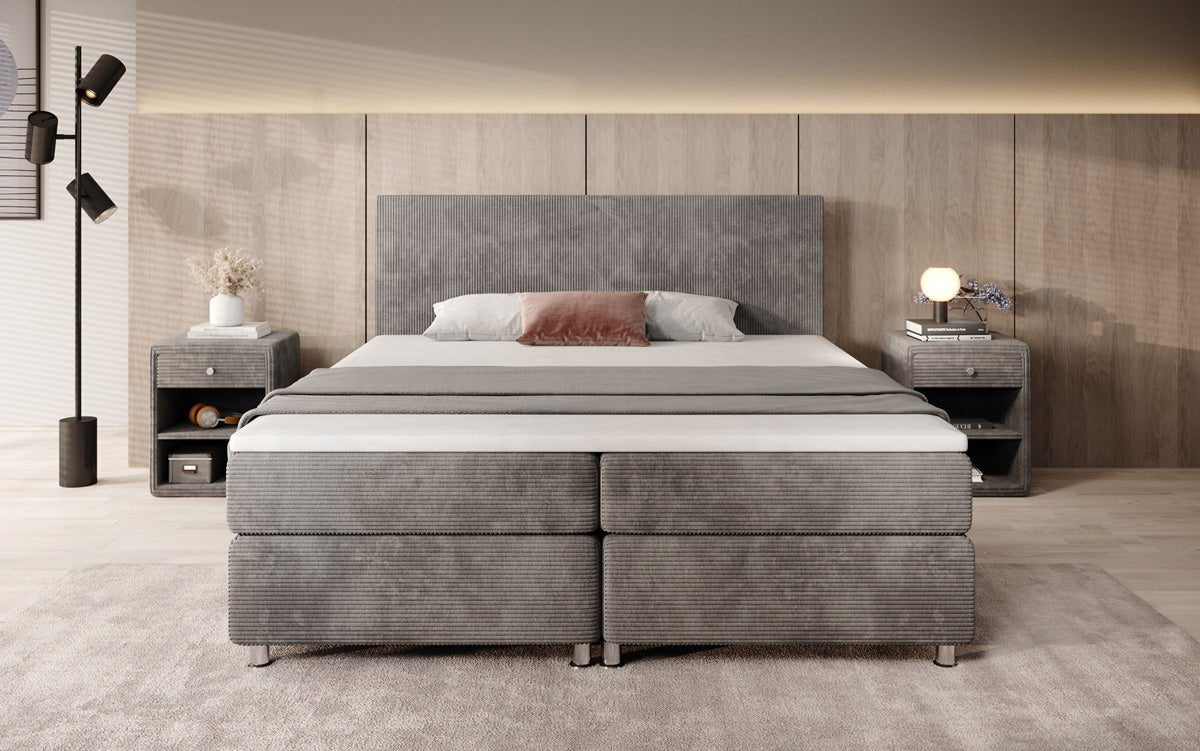 Boxspringbett Athene: Komfortabler Cordstoff, verschiedene Größen & Härtegrade für erholsamen Schlaf.