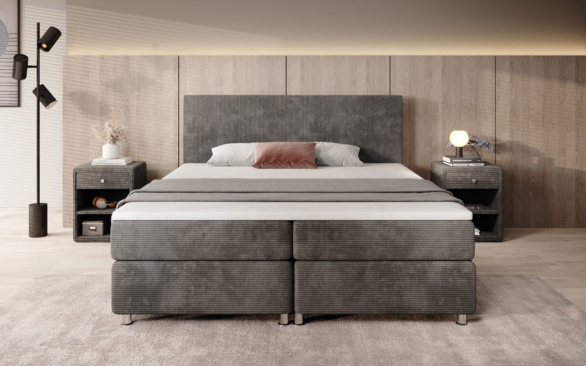 Boxspringbett Athene: Komfortabler Cordstoff, verschiedene Größen & Härtegrade für erholsamen Schlaf.