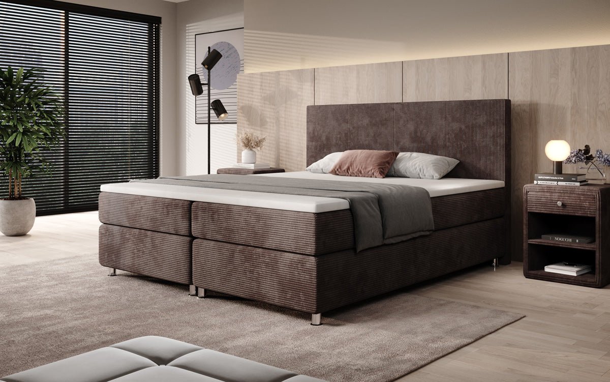 Boxspringbett Athene: Komfortabler Cordstoff, verschiedene Größen & Härtegrade für erholsamen Schlaf.
