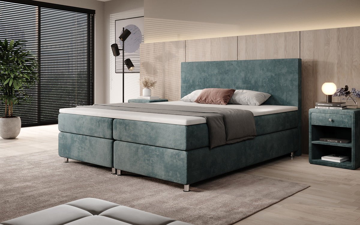 Boxspringbett Athene: Komfortabler Cordstoff, verschiedene Größen & Härtegrade für erholsamen Schlaf.
