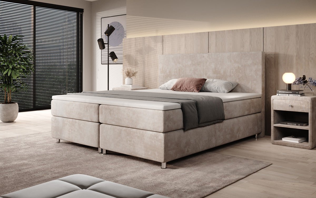 Boxspringbett Athene: Komfortabler Cordstoff, verschiedene Größen & Härtegrade für erholsamen Schlaf.
