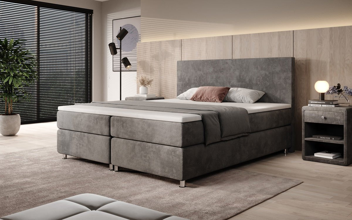Boxspringbett Athene: Komfortabler Cordstoff, verschiedene Größen & Härtegrade für erholsamen Schlaf.