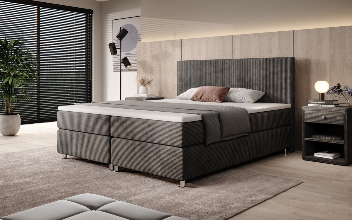 Boxspringbett Athene: Komfortabler Cordstoff, verschiedene Größen & Härtegrade für erholsamen Schlaf.