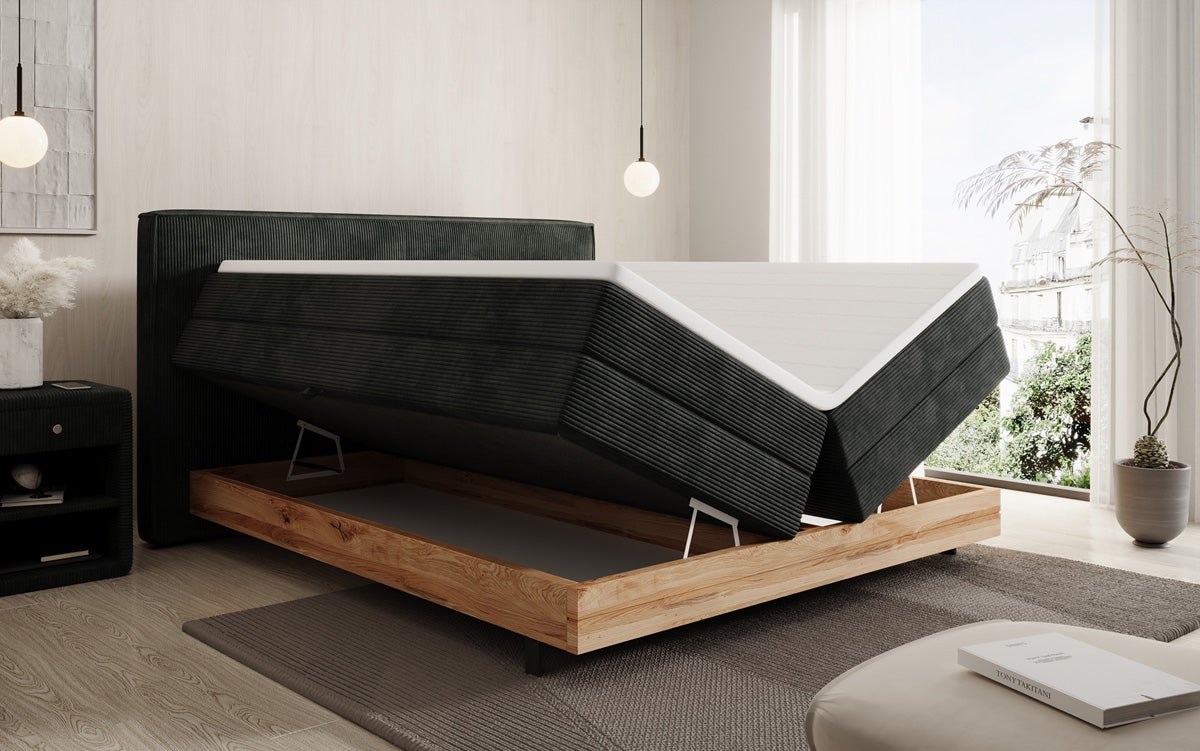 Elegantes Nero Boxspringbett: Komfort, Stauraum, LED-Beleuchtung, USB-Anschluss