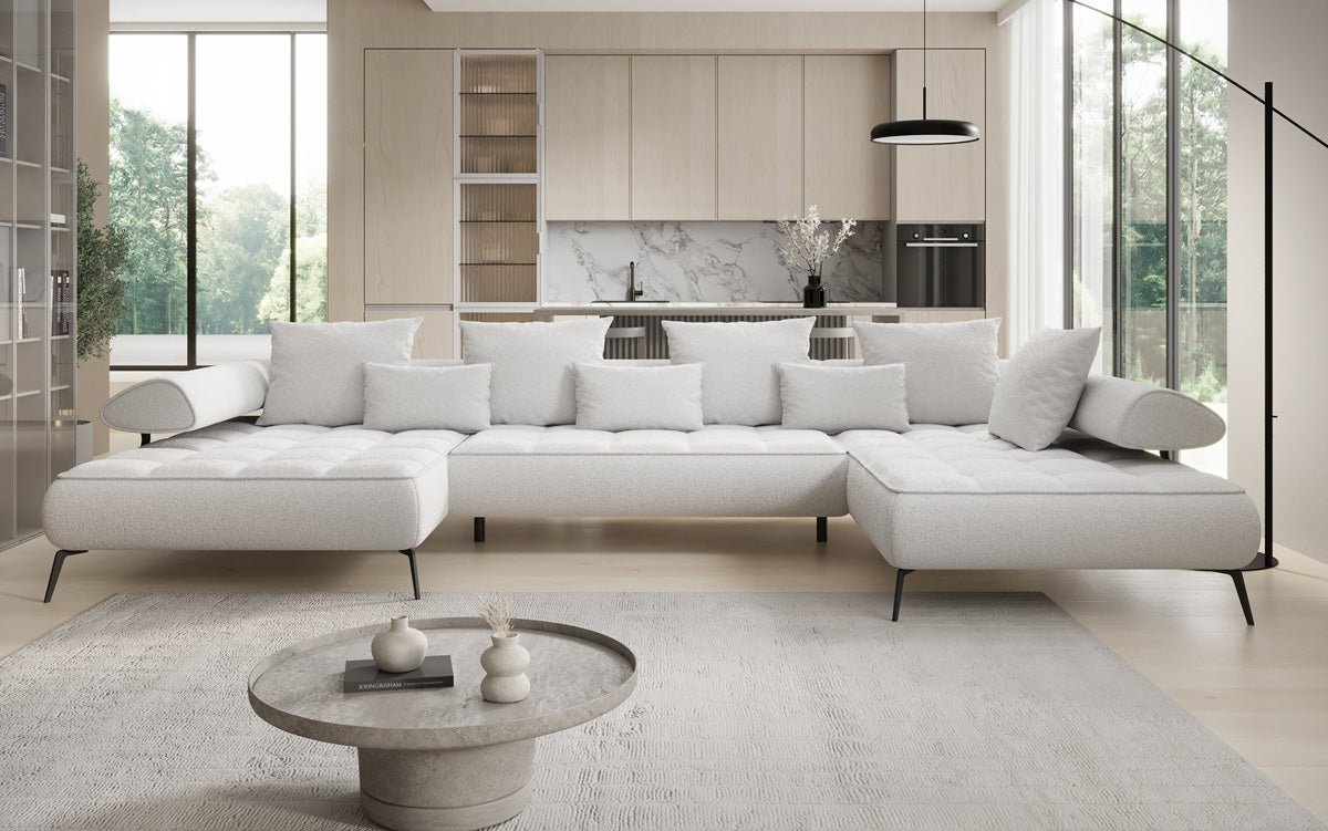 Luxuriöses Designer U-Sofa Sydney Bouclé – Elektrische Schlaffunktion, Stauraum, Höchster Komfort