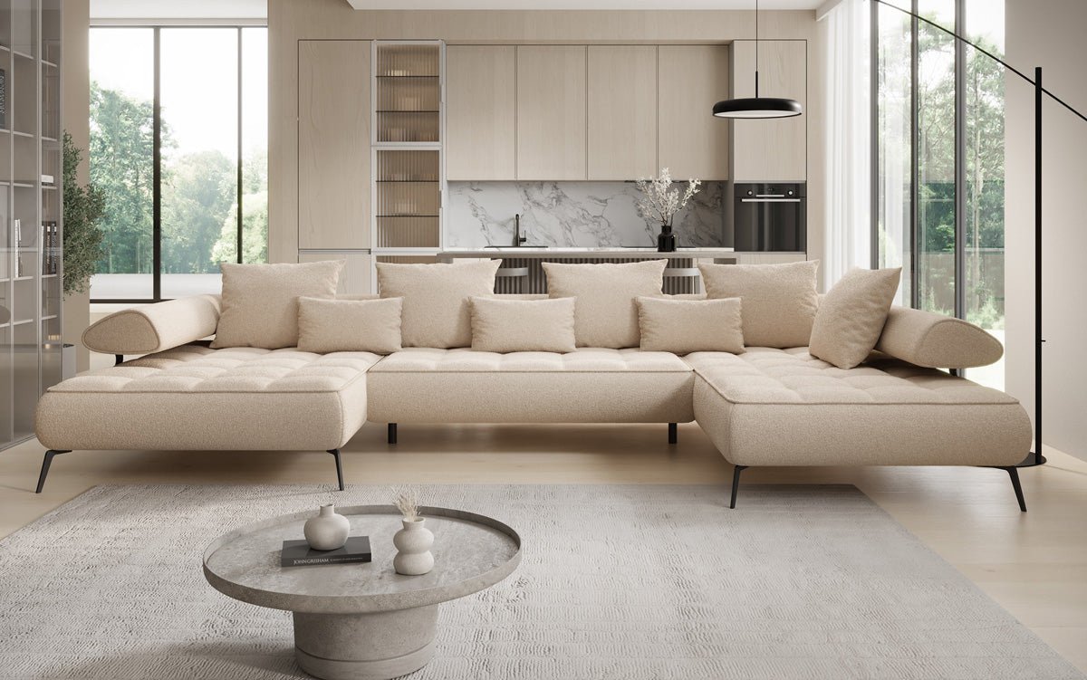 Luxuriöses Designer U-Sofa Sydney Bouclé – Elektrische Schlaffunktion, Stauraum, Höchster Komfort