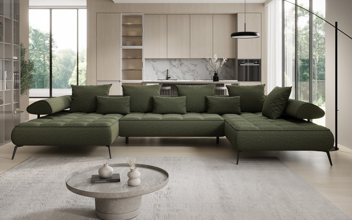 Luxuriöses Designer U-Sofa Sydney Bouclé – Elektrische Schlaffunktion, Stauraum, Höchster Komfort