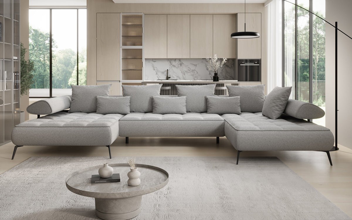 Luxuriöses Designer U-Sofa Sydney Bouclé – Elektrische Schlaffunktion, Stauraum, Höchster Komfort