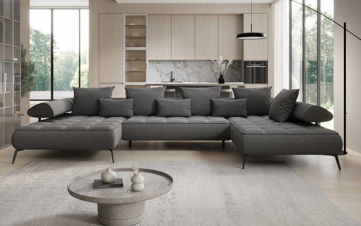Luxuriöses Designer U-Sofa Sydney Bouclé – Elektrische Schlaffunktion, Stauraum, Höchster Komfort