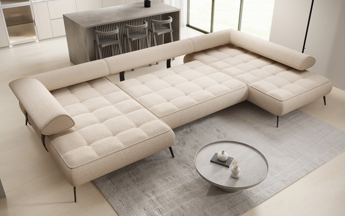 Luxuriöses Designer U-Sofa Sydney Bouclé – Elektrische Schlaffunktion, Stauraum, Höchster Komfort