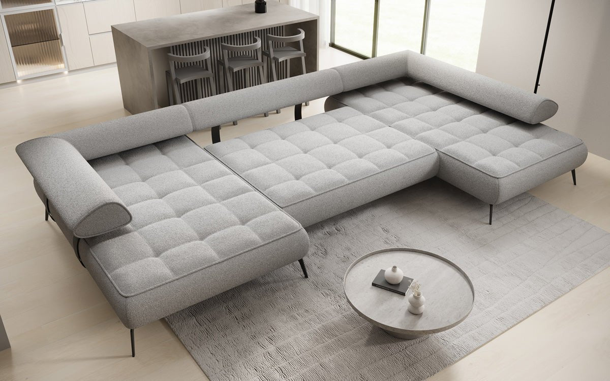 Luxuriöses Designer U-Sofa Sydney Bouclé – Elektrische Schlaffunktion, Stauraum, Höchster Komfort