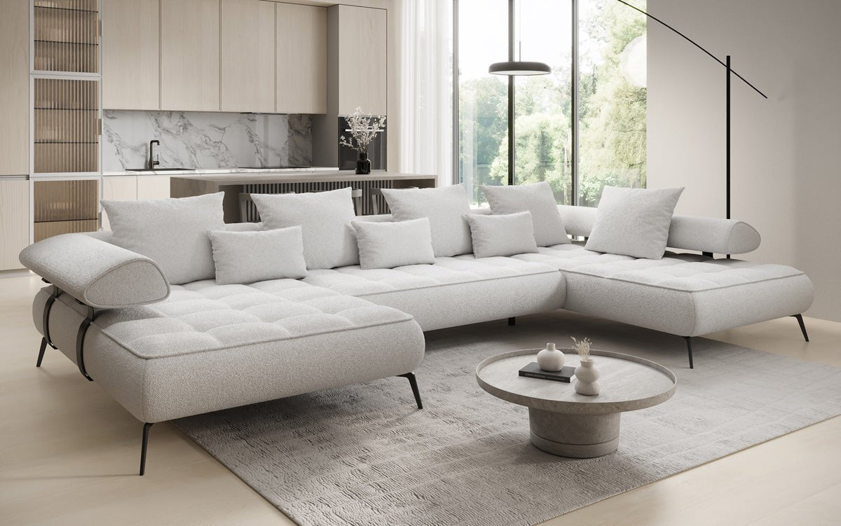 Luxuriöses Designer U-Sofa Sydney Bouclé – Elektrische Schlaffunktion, Stauraum, Höchster Komfort