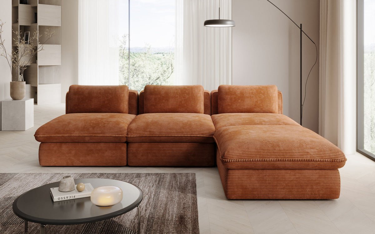 Gemütliches Designer L-Sofa Cuddle aus Cordstoff – Modernes Ecksofa Wohnzimmer
