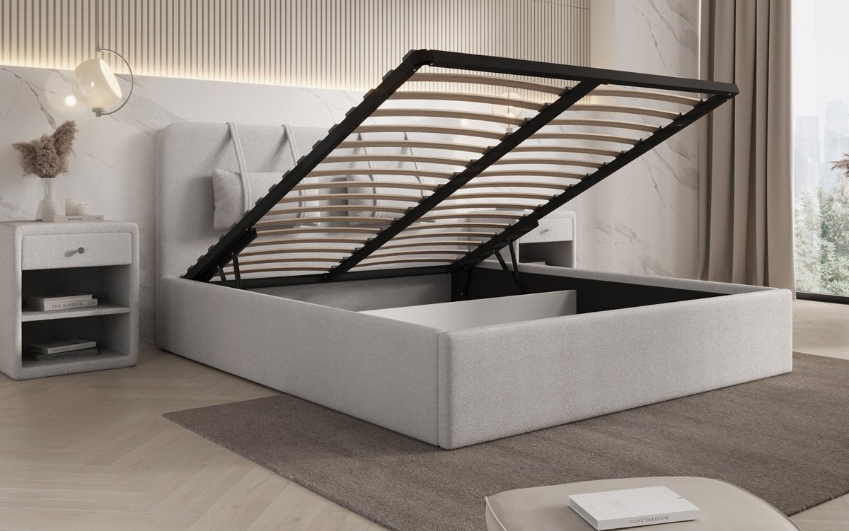 Luxuriöses Designer Polsterbett Alma mit Bouclé-Stoff und Stauraumfunktion