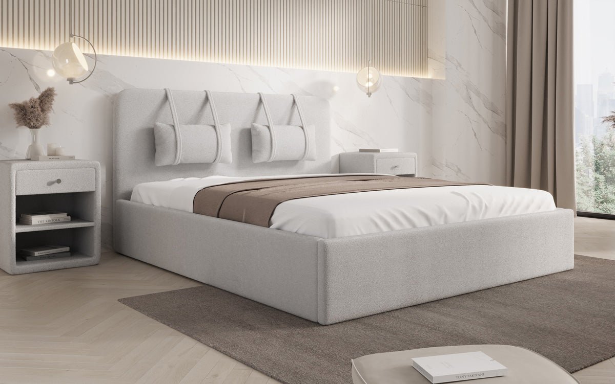 Luxuriöses Designer Polsterbett Alma mit Bouclé-Stoff und Stauraumfunktion