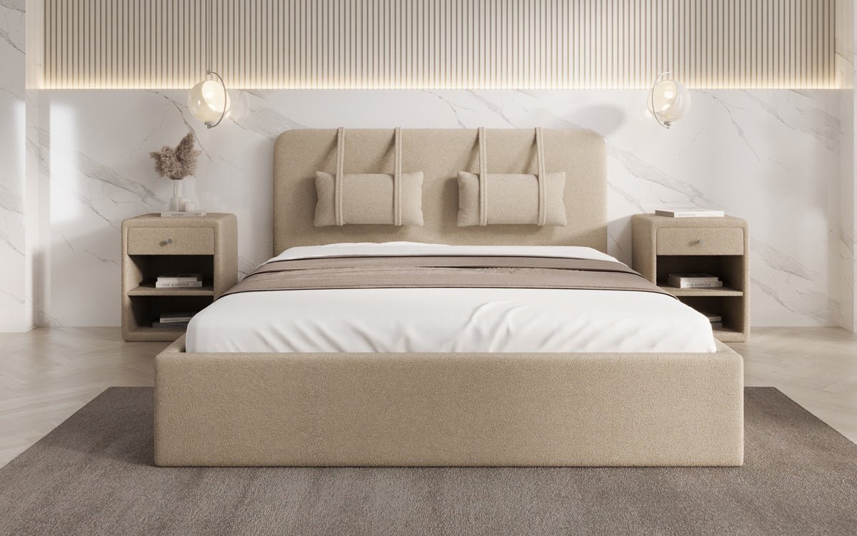 Luxuriöses Designer Polsterbett Alma mit Bouclé-Stoff und Stauraumfunktion
