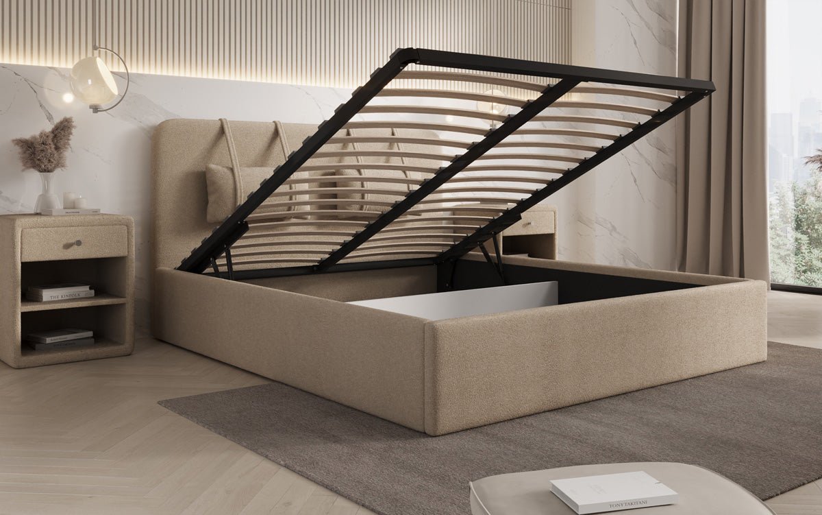 Luxuriöses Designer Polsterbett Alma mit Bouclé-Stoff und Stauraumfunktion