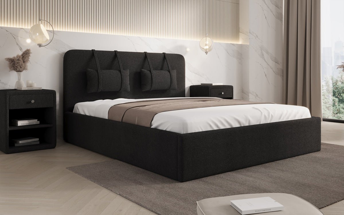Luxuriöses Designer Polsterbett Alma mit Bouclé-Stoff und Stauraumfunktion