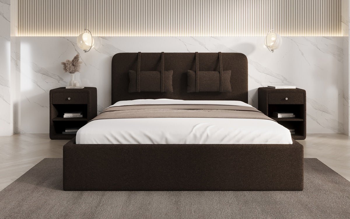Luxuriöses Designer Polsterbett Alma mit Bouclé-Stoff und Stauraumfunktion