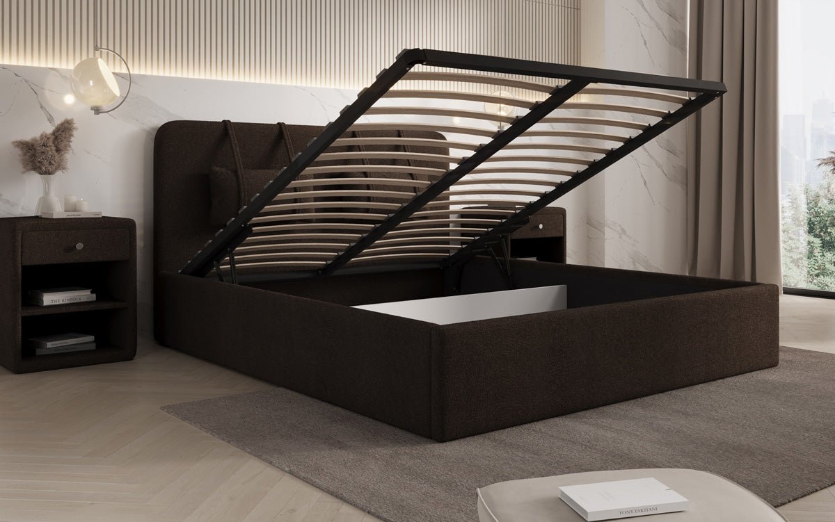 Luxuriöses Designer Polsterbett Alma mit Bouclé-Stoff und Stauraumfunktion