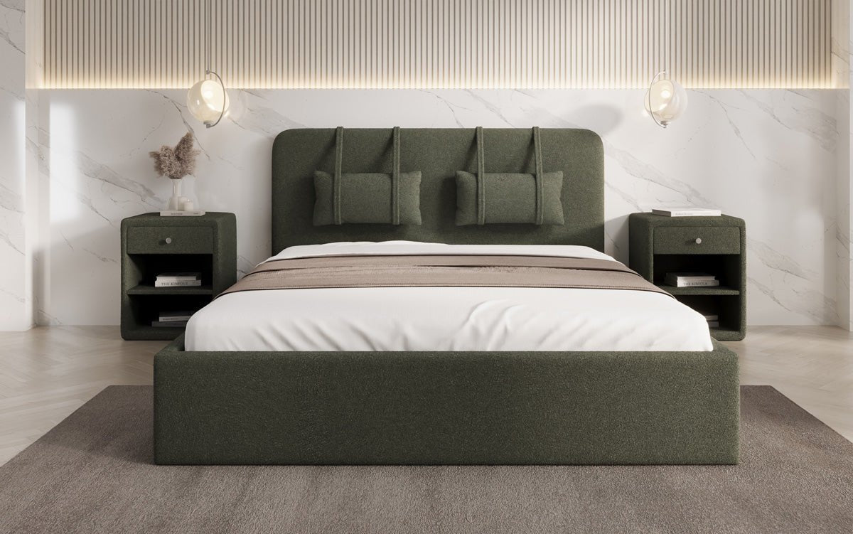 Luxuriöses Designer Polsterbett Alma mit Bouclé-Stoff und Stauraumfunktion