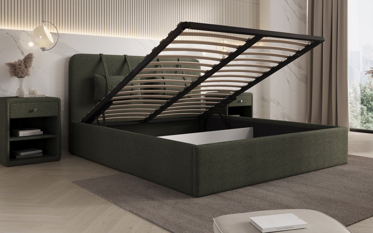 Luxuriöses Designer Polsterbett Alma mit Bouclé-Stoff und Stauraumfunktion