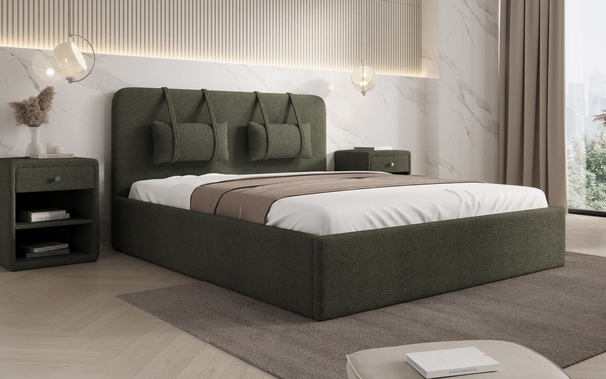 Luxuriöses Designer Polsterbett Alma mit Bouclé-Stoff und Stauraumfunktion