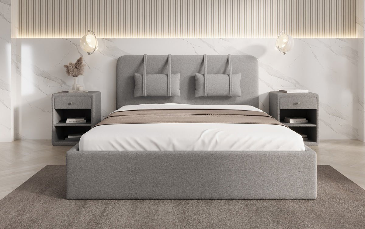 Luxuriöses Designer Polsterbett Alma mit Bouclé-Stoff und Stauraumfunktion