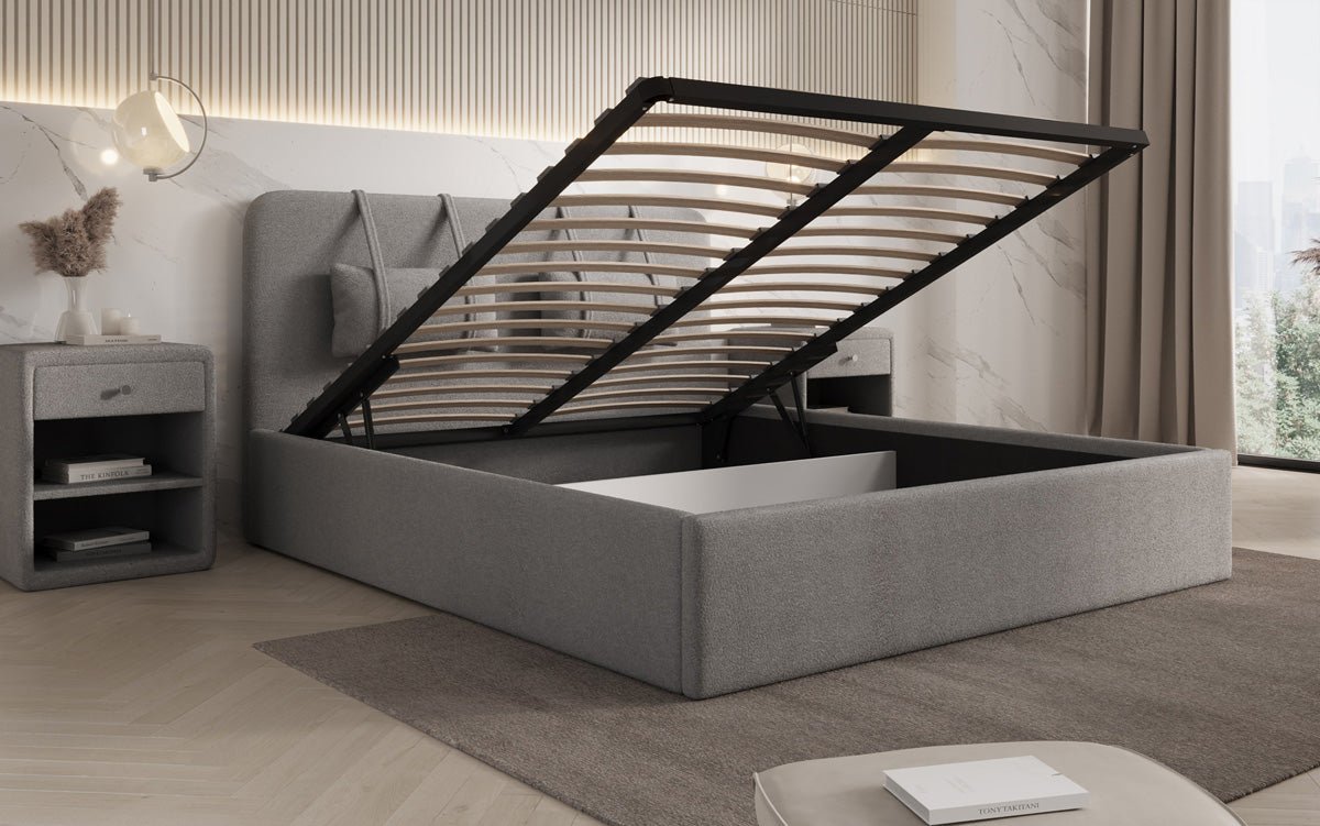 Luxuriöses Designer Polsterbett Alma mit Bouclé-Stoff und Stauraumfunktion