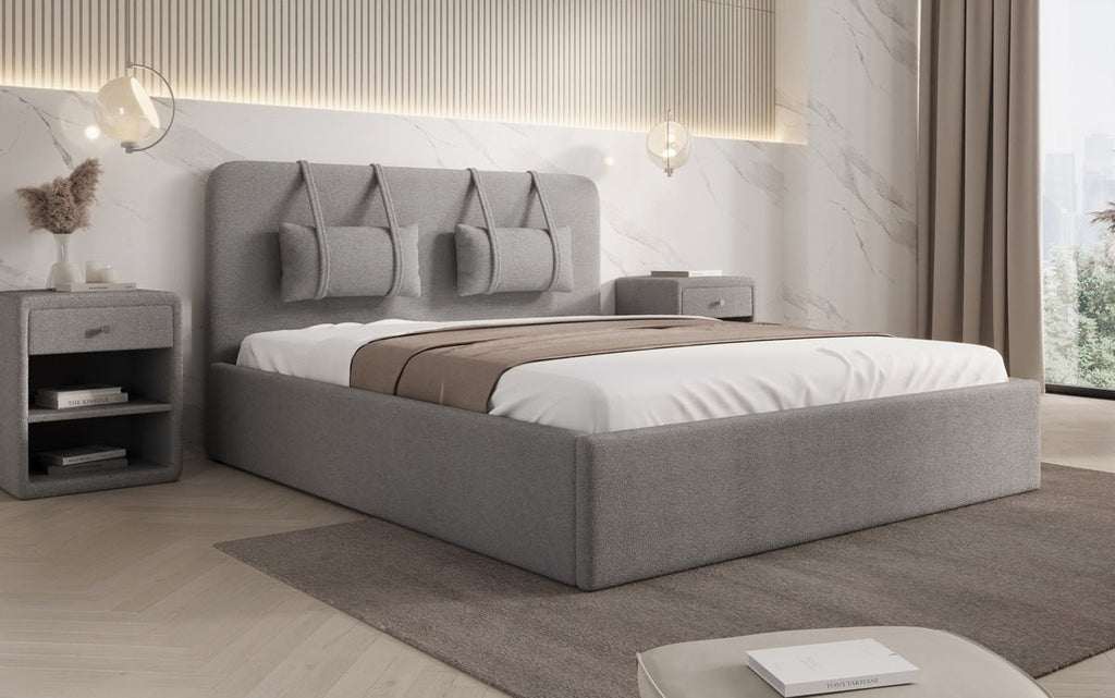 Luxuriöses Designer Polsterbett Alma mit Bouclé-Stoff und Stauraumfunktion