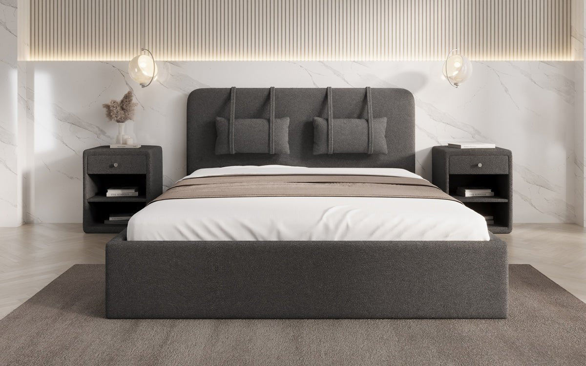 Luxuriöses Designer Polsterbett Alma mit Bouclé-Stoff und Stauraumfunktion